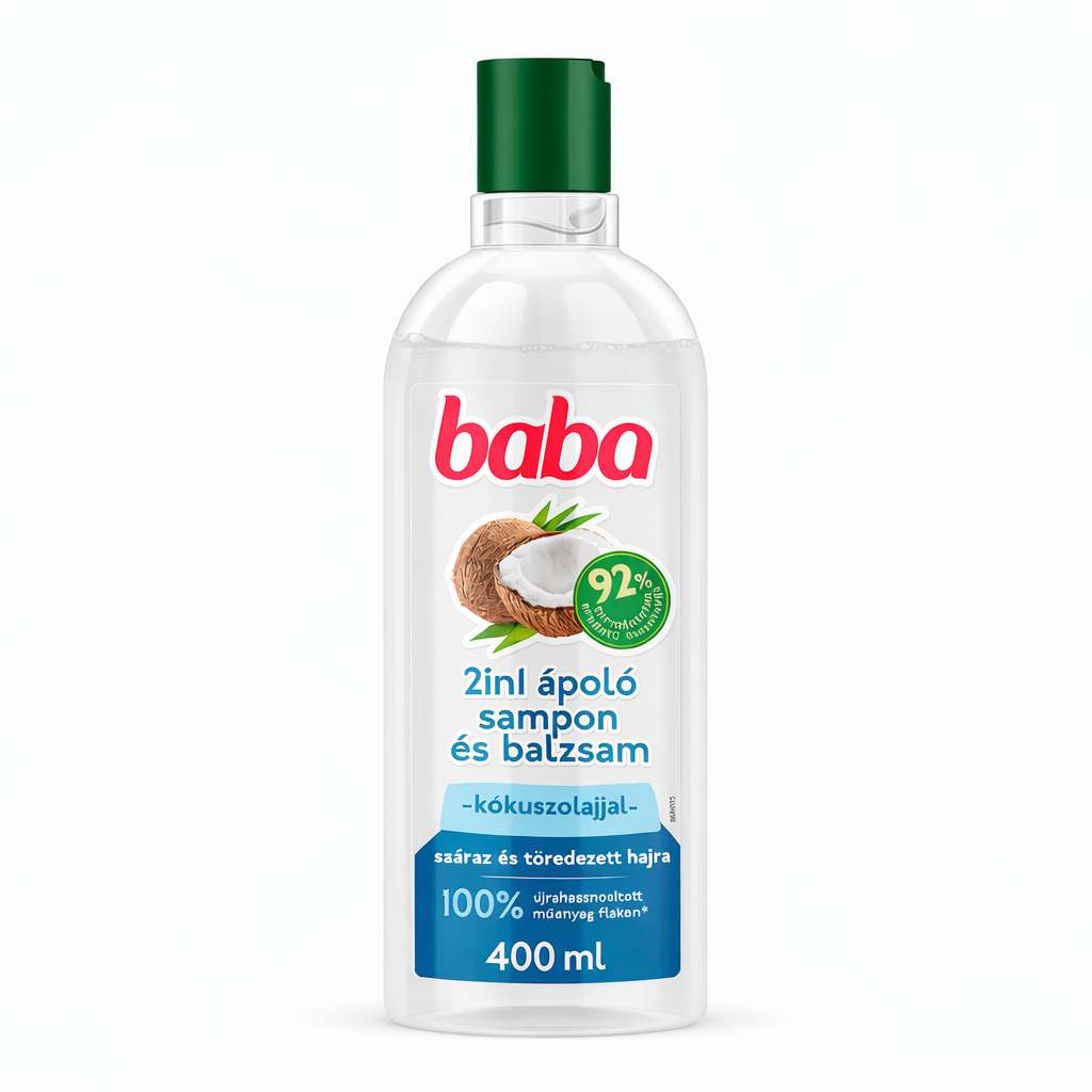 Baba 2in1 Ápoló Sampon és Balzsam Kókuszolajjal 400 ml – Hidratáló Hajápolás Száraz és Töredezett Hajra