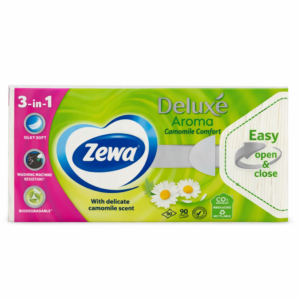 Zewa Deluxe Aroma Camomile Comfort Papírzsebkendő 90 db – 3 Rétegű, Kamillás Illattal, Extra Puha