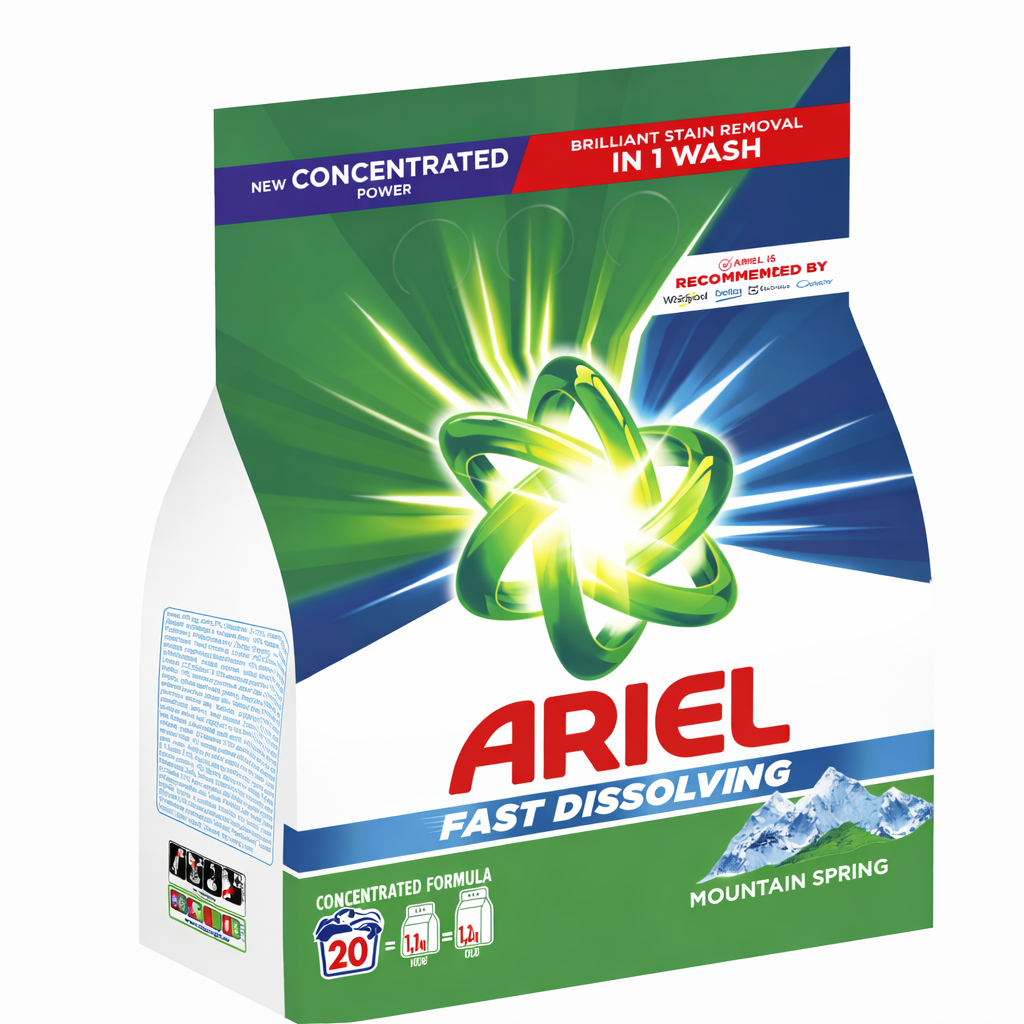 Ariel Fast Dissolving Mountain Spring Mosópor – Koncentrált Formula, 20 Mosás, ~1.1 kg