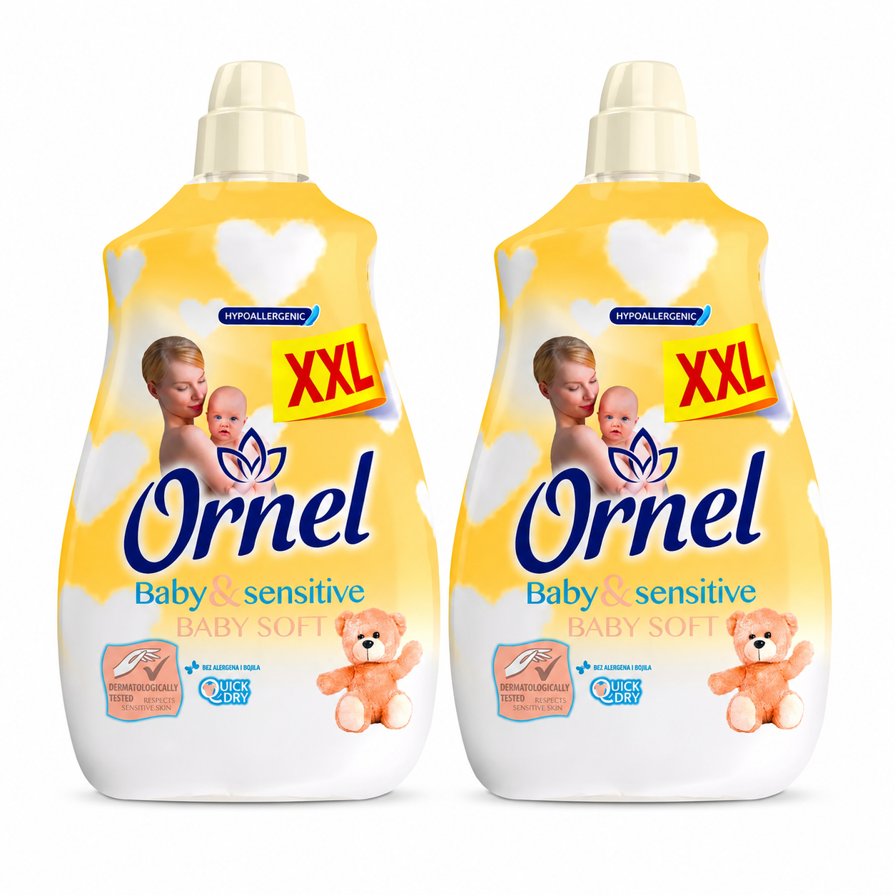 Ornel Baby & Sensitive Baby Soft öblítő 2 db-os csomag – 2 × 2,4 l, hipoallergén, babaruhákhoz és érzékeny bőrhöz