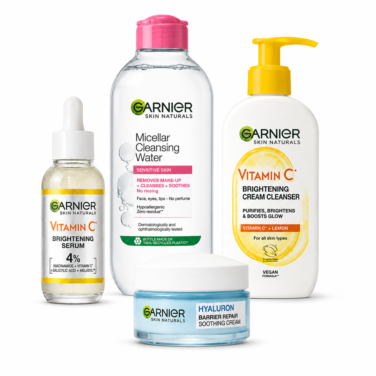 Garnier 4 db-os arcápolási csomag – Vitamin C szérum, Hyaluron krém, micellás víz és C-vitaminos arctisztító