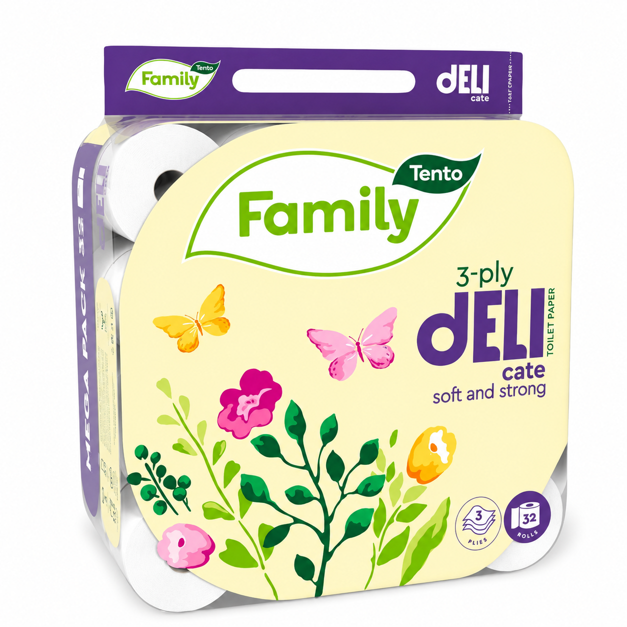 Tento Family DELIcate toalettpapír 3 rétegű 32 tekercs – puha, erős, illatmentes WC-papír családi kiszerelésben