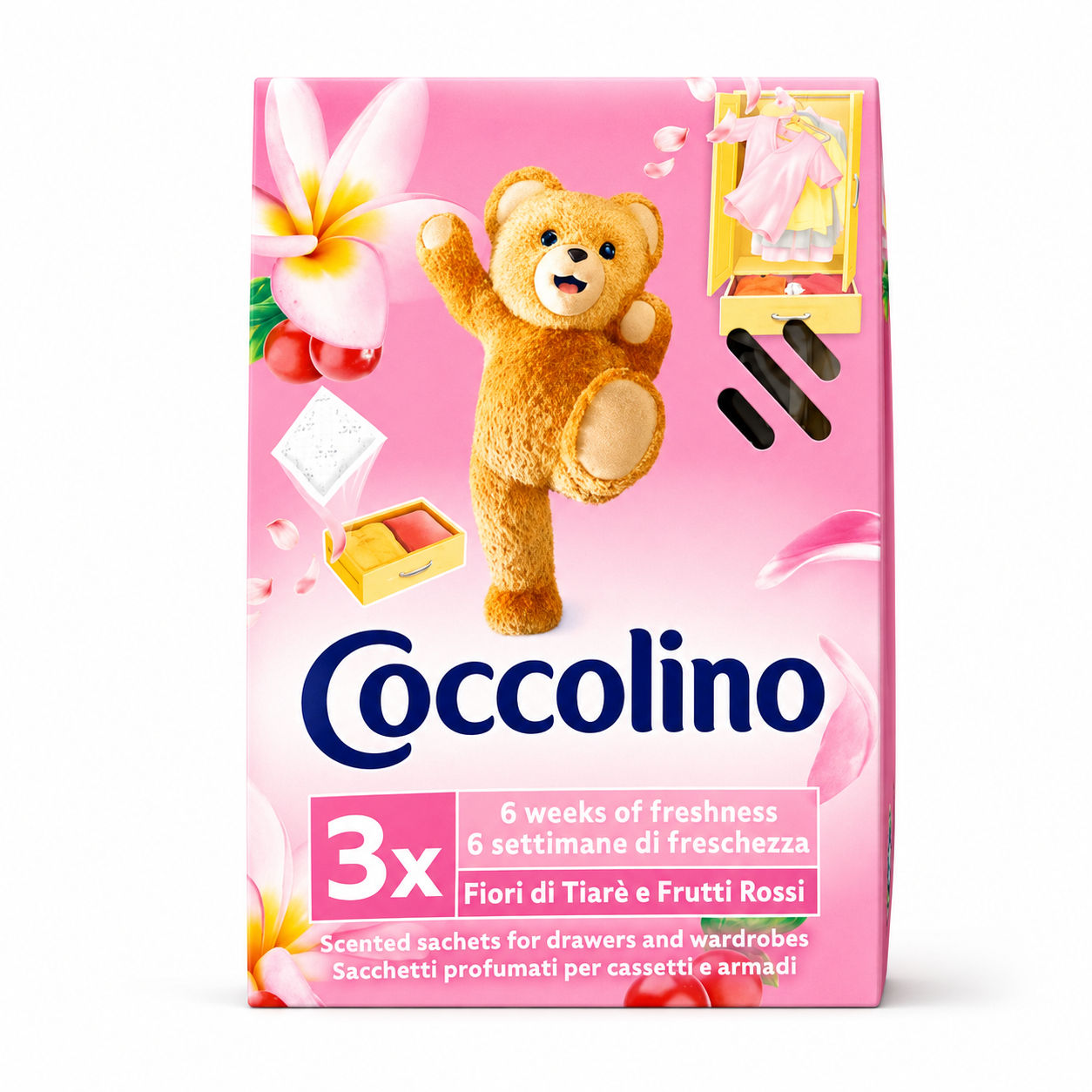 Coccolino Fiori di Tiaré e Frutti Rossi illatosító tasak 3 db – ruhásszekrénybe és fiókba, akár 6 hét frissesség