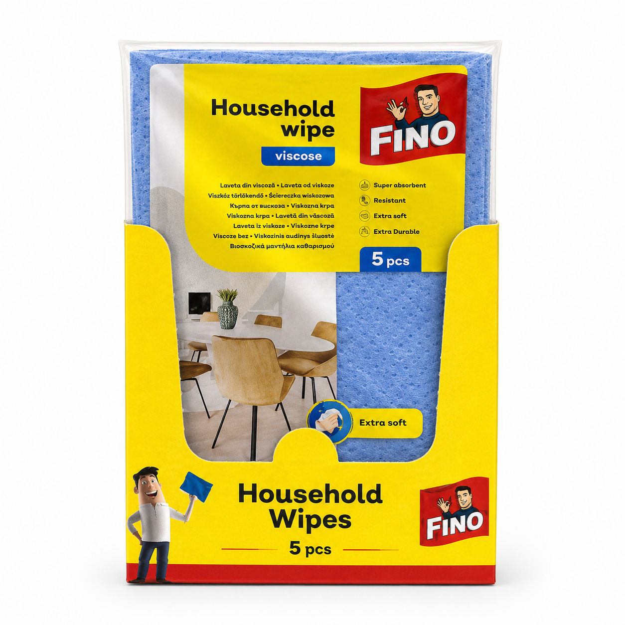 FINO Household Wipe Viscose háztartási törlőkendő 5 db – kék, extra puha és jó nedvszívó univerzális takarítókendő