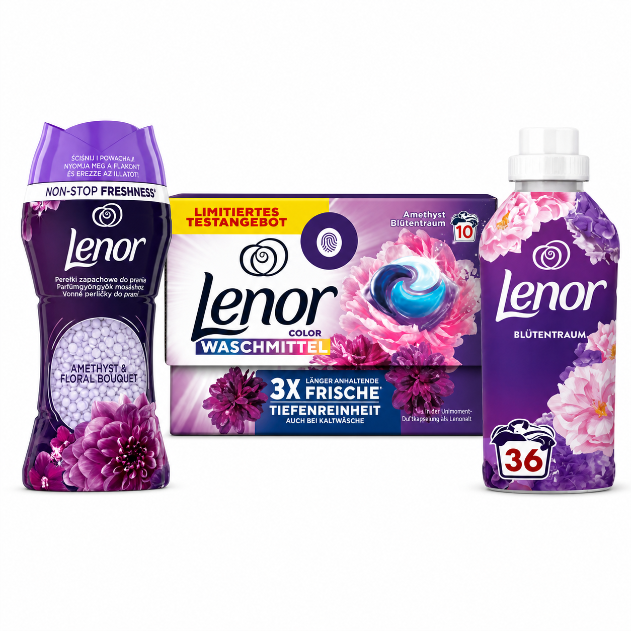 Lenor Amethyst Blütentraum Mosási Csomag – Illatgyöngy 195 g + Öblítő 756 ml + Mosókapszula 10 db