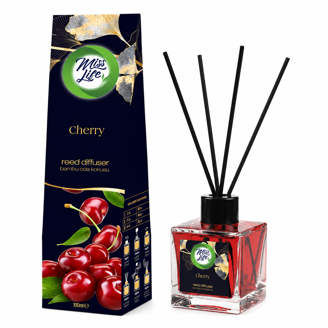 Miss Life Cherry illatosító pálcás diffúzor 100 ml – cseresznye illatú lakásillatosító bambusz pálcákkal