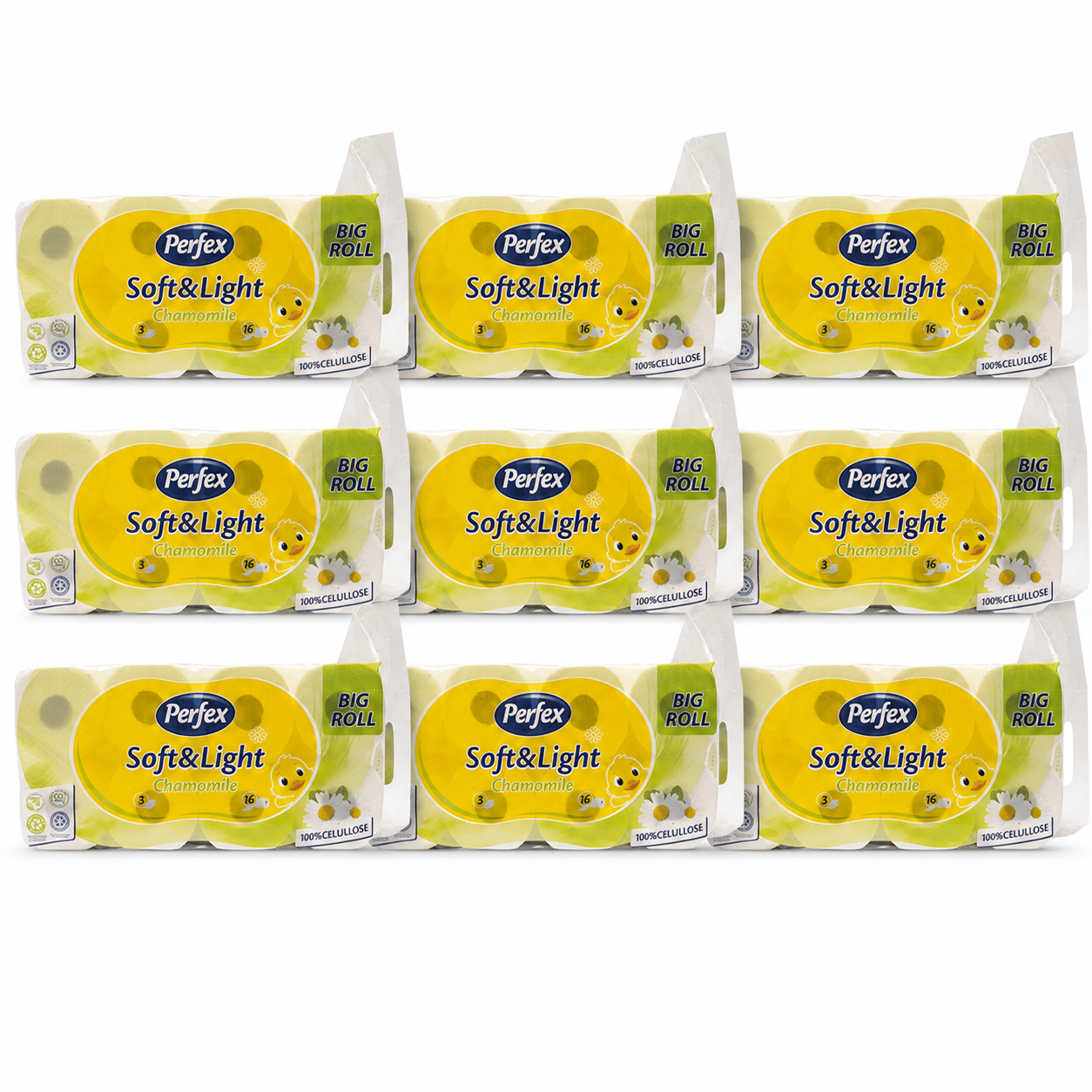 Perfex Soft & Light Chamomile toalettpapír 9 csomag (összesen 144 tekercs) – 3 rétegű, kamilla illatú, 100% cellulóz