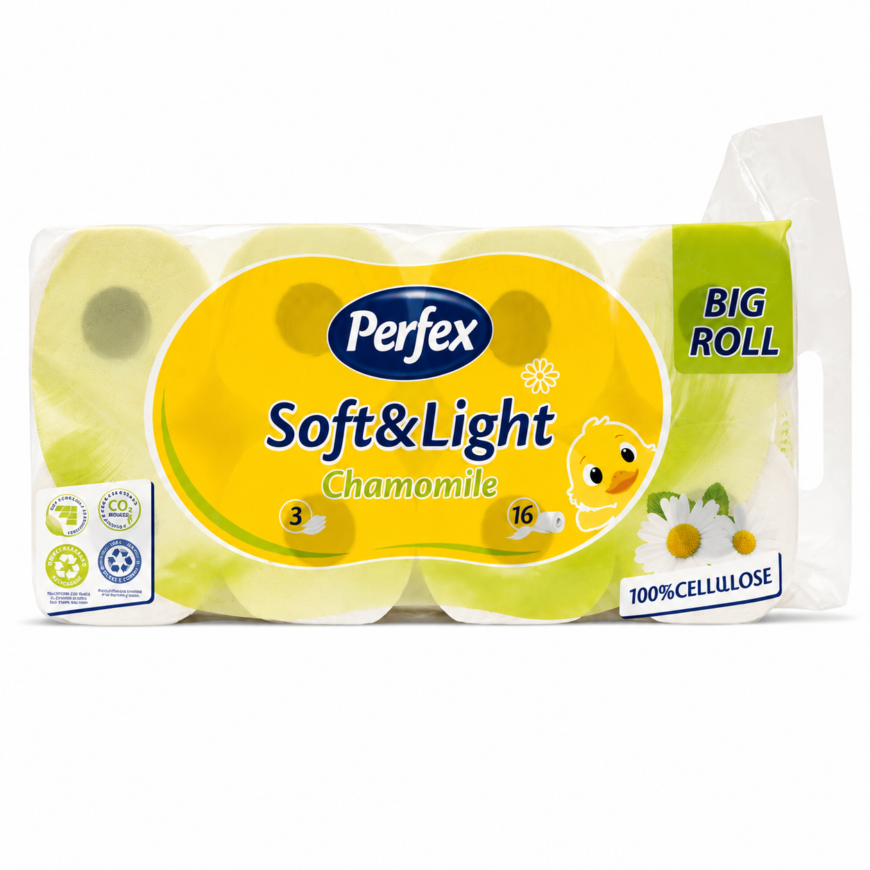 Perfex Soft & Light Chamomile Big Roll toalettpapír 16 tekercs – 3 rétegű, kamilla illatú, 100% cellulóz