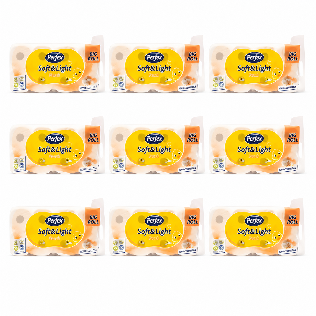 Perfex Soft&Light Peach Big Roll toalettpapír 9 csomag – 3 rétegű, barack illatú, 144 tekercses kiszerelés