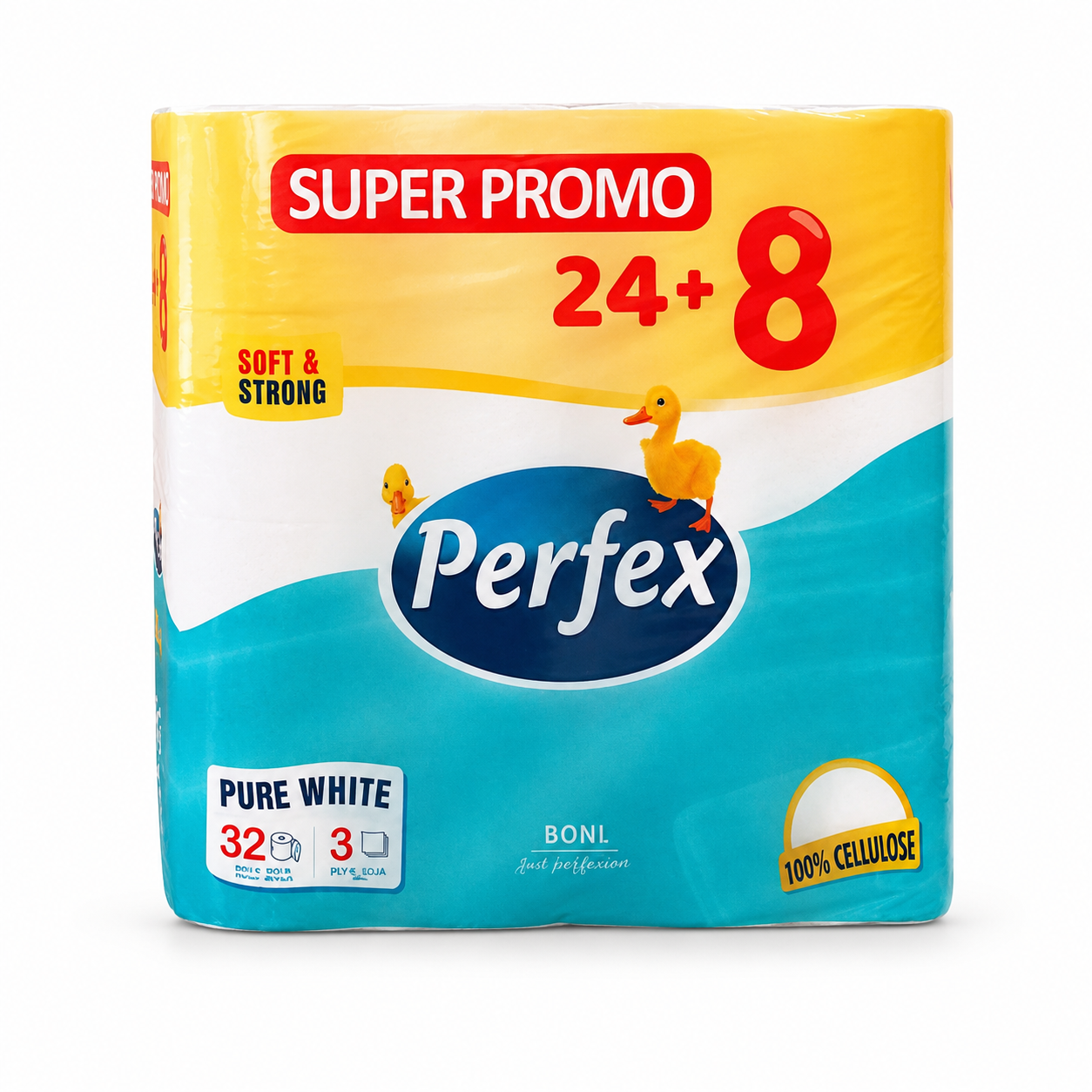 Perfex Pure White Super Promo toalettpapír 24+8 tekercs – 3 rétegű, 32 tekercses kiszerelés, 100% cellulóz