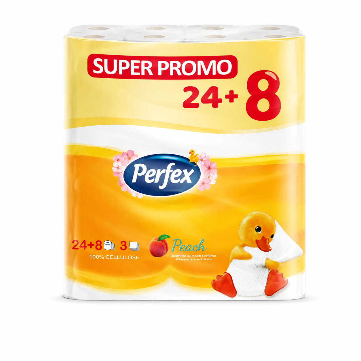 Perfex Peach Super Promo toalettpapír 24+8 tekercs – 3 rétegű, barack illatú, 100% cellulóz