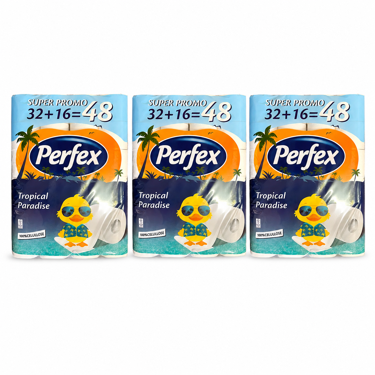 Perfex Tropical Paradise toalettpapír 3 csomag – 3 × 48 tekercs, összesen 144 tekercs, 100% cellulóz