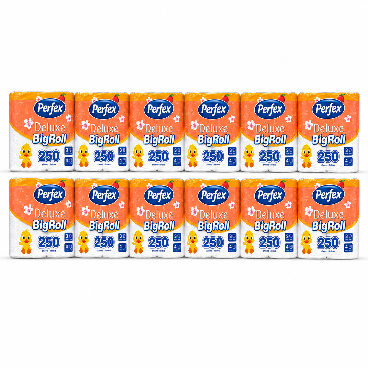 Perfex Deluxe Big Roll toalettpapír 12 csomag, 4 tekercs/csomag, 3 rétegű, 250 lapos barack illatú WC-papír
