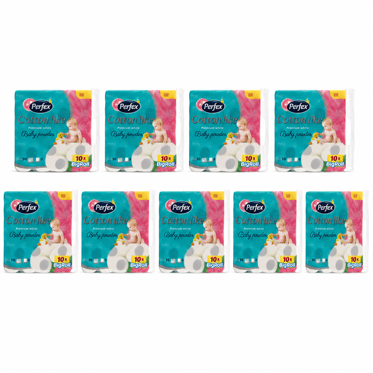 Perfex Cotton Like Premium White Baby Powder toalettpapír 9 csomag – 10 tekercs/csomag, 3 rétegű, 100% cellulóz, Big Roll