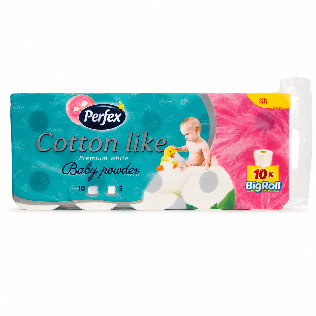 Perfex Cotton Like Premium White Baby Powder toalettpapír – 10 tekercs, 3 rétegű, 100% cellulóz, Big Roll