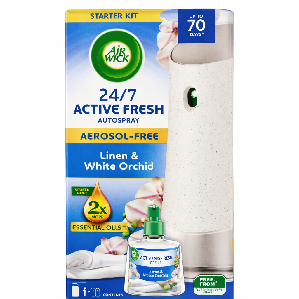Air Wick 24/7 Active Fresh Automata Légfrissítő Készülék + Utántöltő – Linen & White Orchid (70 nap)