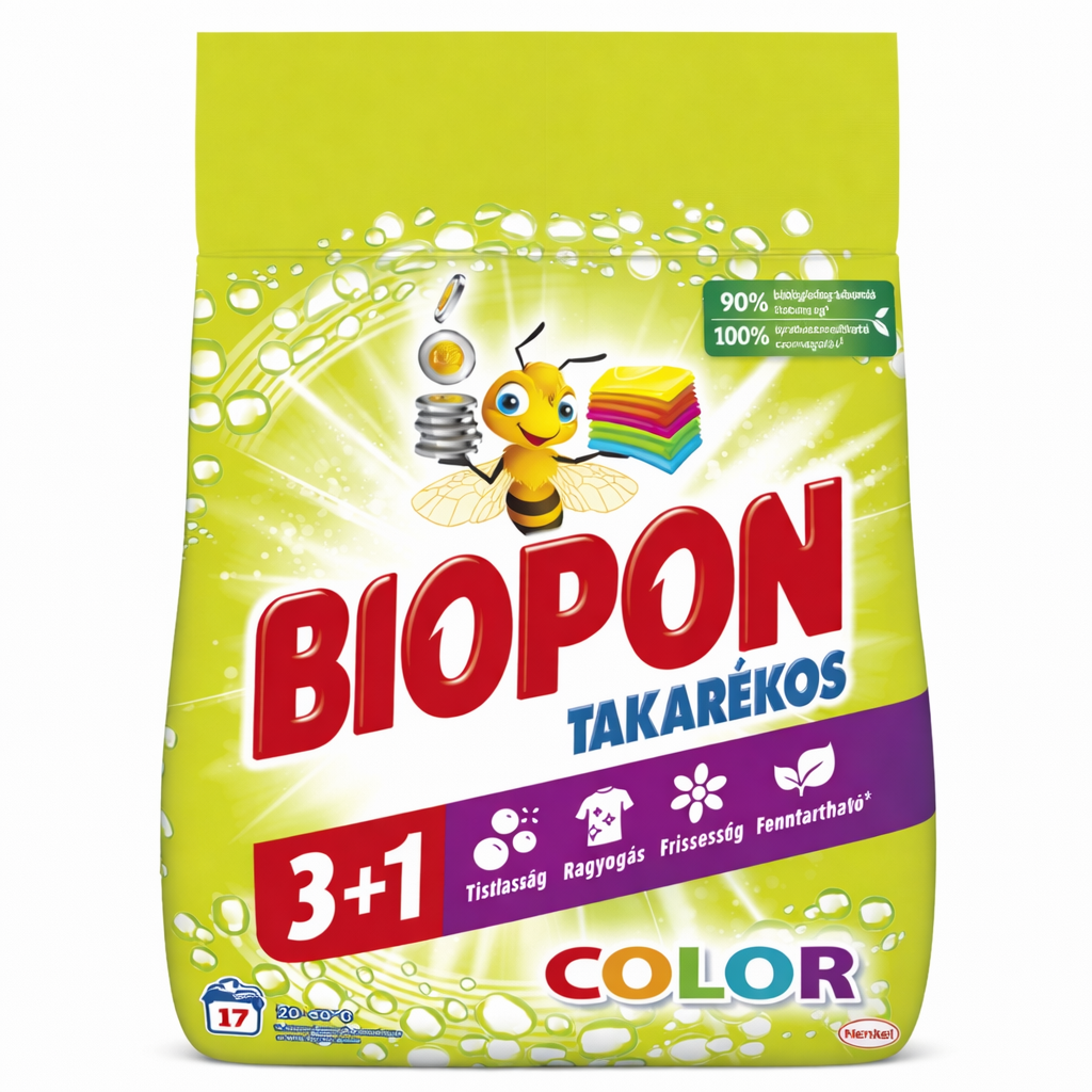 Biopon Takarékos Color Mosópor 3+1 1,02 kg – Színes Ruhákhoz, Színvédő Hatás, Gazdaságos Kiszerelés