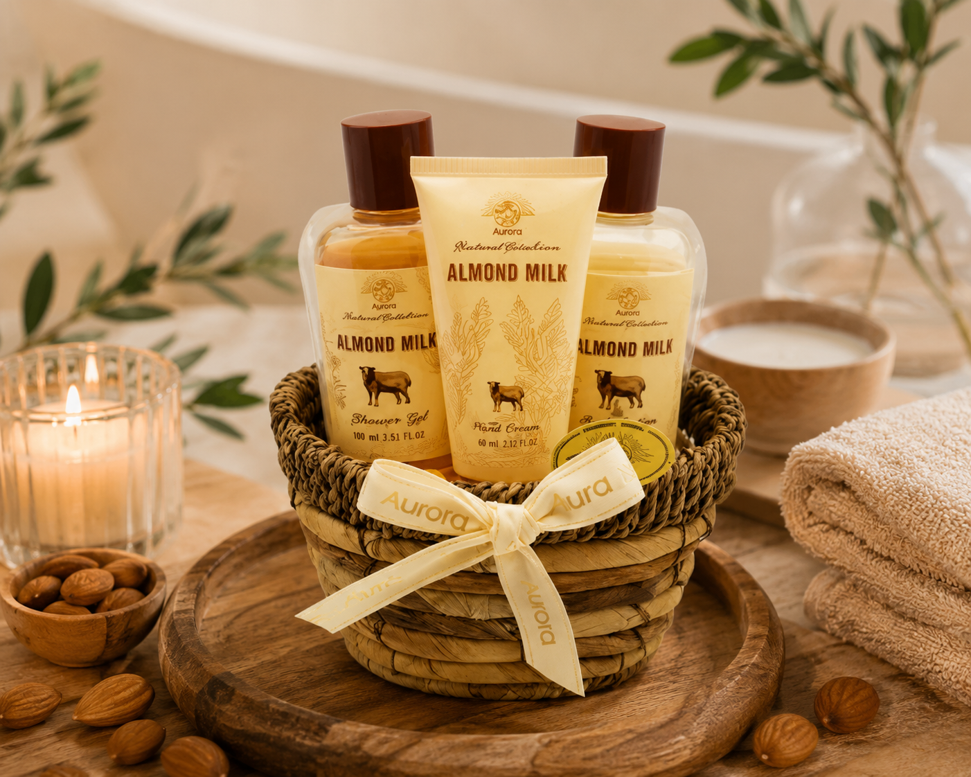 Aurora Mandulatejes Fürdő Ajándék Szett Kosárban – Tápláló és Relaxáló Wellness Élmény