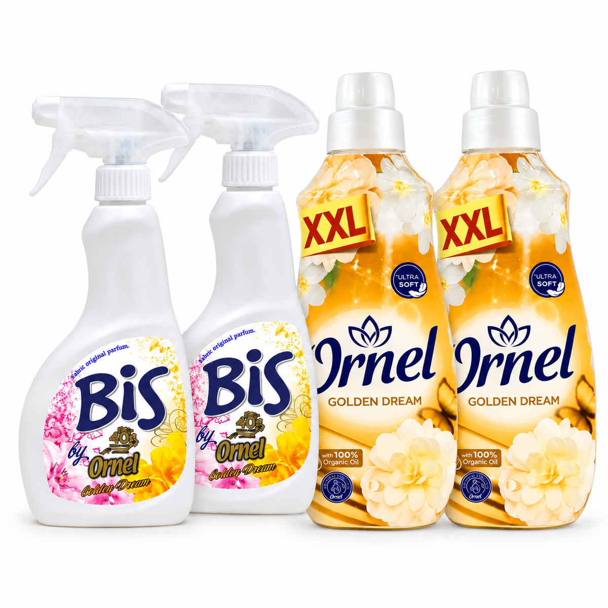 Ornel Golden Dream XXL 4 részes illatcsomag – 2×2,4 l öblítő + 2×400 ml BIS textilillatosító