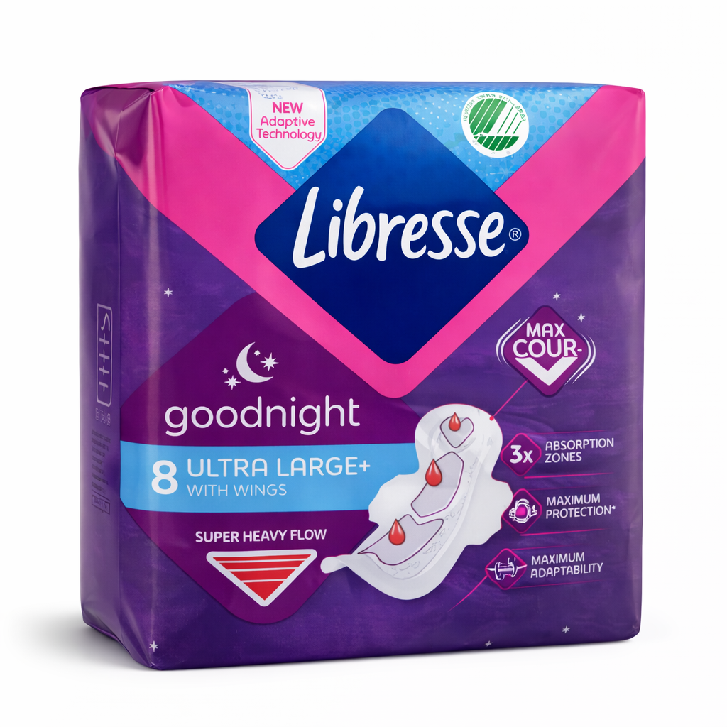 Libresse Goodnight Ultra Large+ szárnyas egészségügyi betét 8 db – Extra éjszakai védelem erős napokra