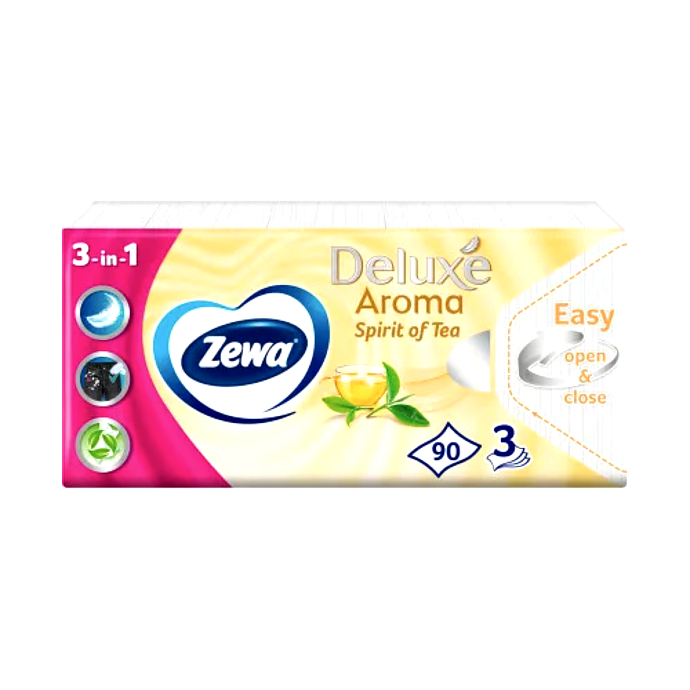 Zewa Deluxe Aroma Spirit of Tea Papírzsebkendő 90 db – 3 Rétegű, Friss Tea Illattal, Extra Puha