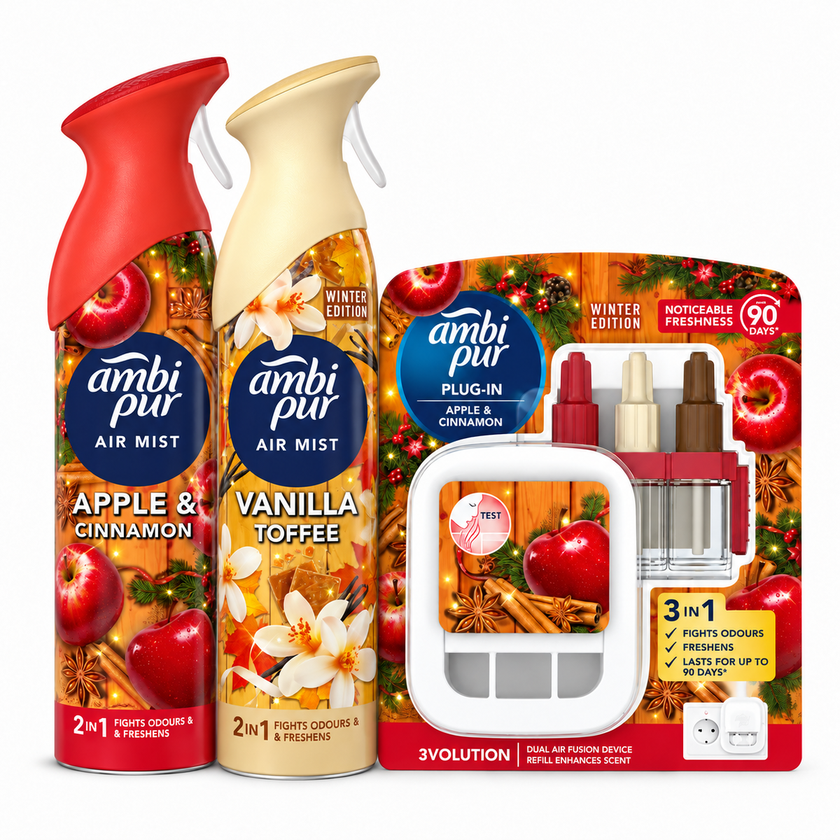 Ambi Pur Winter Edition 3 részes légfrissítő csomag – Almás-fahéjas és Vaníliás Toffee, 390 ml