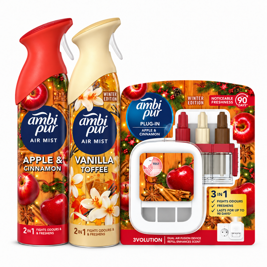 Ambi Pur Winter Edition 3 részes légfrissítő csomag – Almás-fahéjas és Vaníliás Toffee, 390 ml
