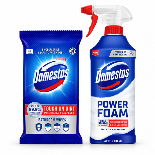 Domestos Fürdőszobai Tisztító Csomag – Power Foam Arctic Fresh 435 ml + Bathroom Wipes 30 db