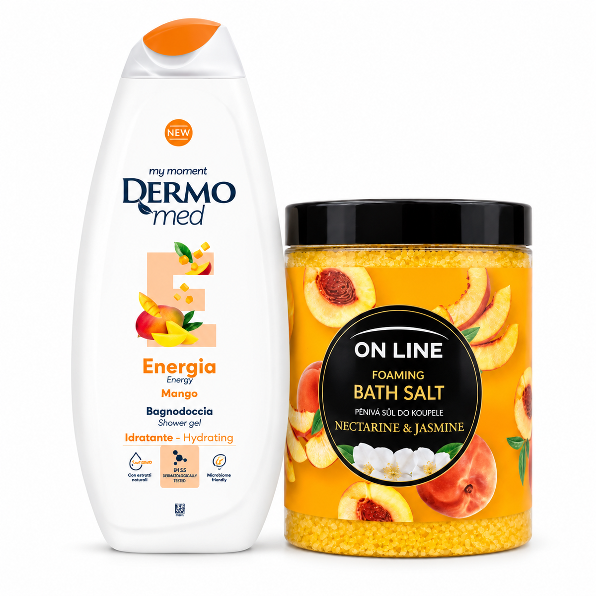 DermoMed Energia Mango 500 ml tusfürdő és On Line Nectarine & Jasmine 1200 g habzó fürdősó csomag