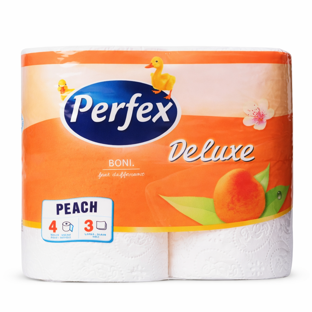 Perfex Deluxe Peach Toalettpapír 4 Tekercs – 3 Rétegű, 250 Lap/Tekercs, Barack Illattal