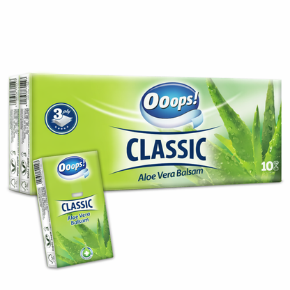 Ooops! Classic Aloe Vera Balsam Papírzsebkendő 10×10 db – 3 Rétegű, Extra Puha és Bőrkímélő