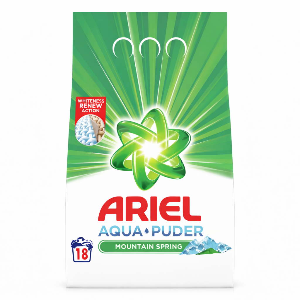 Ariel Aqua Puder Mountain Spring Mosópor – Fehér Ruhákhoz, 18 Mosás, ~1.17 kg