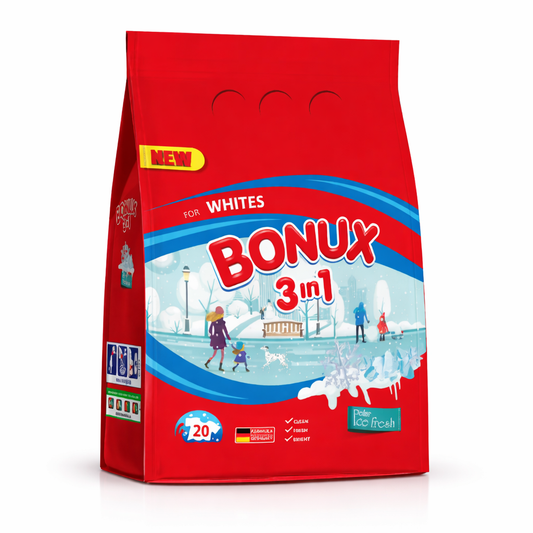 Bonux 3in1 Mosópor Fehér Ruhákhoz Ice Fresh Illattal – 20 Mosás, Mélytisztító és Frissítő Hatás
