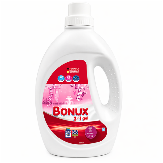Bonux 3in1 Mosógél Radiant Rose Illattal 1,8L – 36 Mosás, Színes Ruhákhoz, Színvédő Hatás.