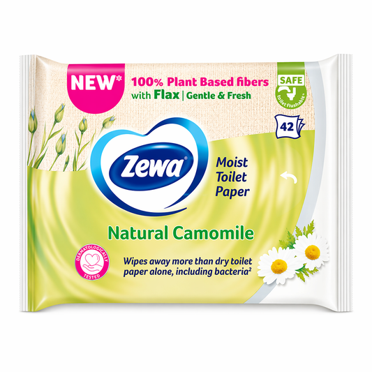 Zewa Natural Camomile Nedves WC Papír 42 db – Kamillás, 100% Növényi Rost, Gyengéd Tisztítás