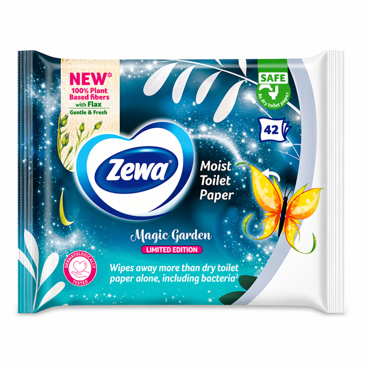 Zewa Magic Garden Nedves WC Papír 42 db – Limitált Kiadás, 100% Növényi Rost, Gyengéd Tisztítás