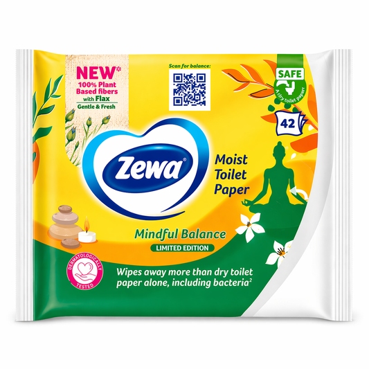 Zewa Mindful Balance Nedves WC Papír 42 db – Limitált Kiadás, 100% Növényi Rost, Gyengéd Tisztítás