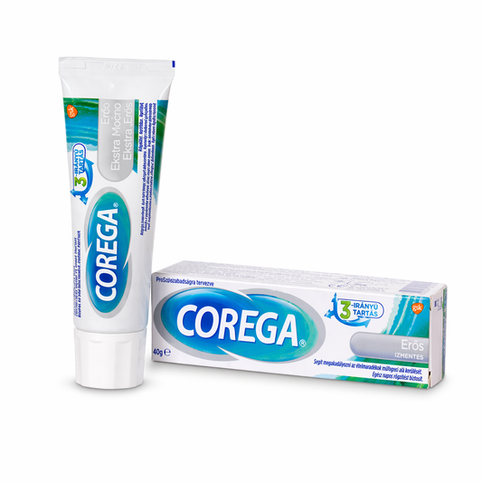 Corega Extra Erős Ragasztókrém Műfogsorhoz 40 g – 3 Irányú Tartás, Egész Napos Stabilitás