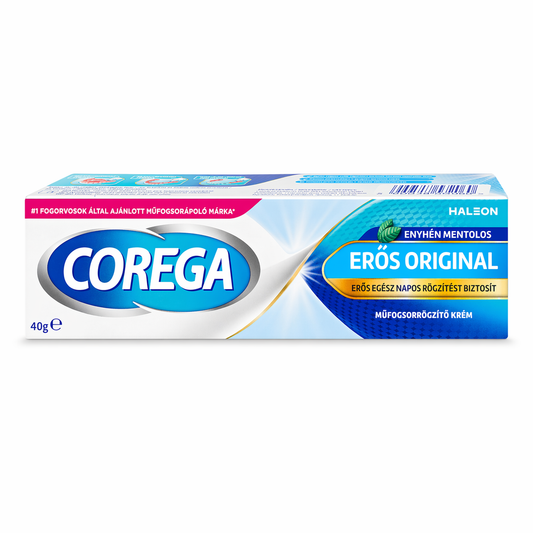 Corega Erős Original Műfogsor Ragasztókrém 40 g – Egész Napos Tartás, Enyhén Mentolos Frissesség