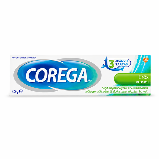 Corega Erős Friss Ízű Műfogsor Ragasztókrém 40 g – 3 Irányú Tartás, Egész Napos Rögzítés