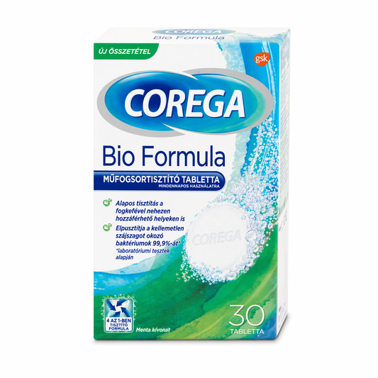 Corega Bio Formula Műfogsor Tisztító Tabletta 30 db – 4 az 1-ben Tisztítás, Antibakteriális Hatás