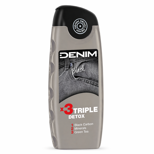 Denim Black Triple Detox tusfürdő 250ml – Aktív szén, ásványok és zöld tea 3 az 1-ben tisztító hatás