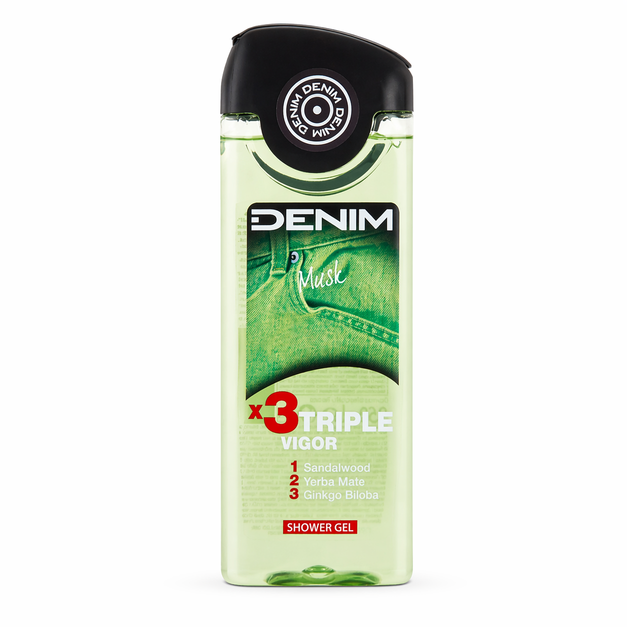 Denim Musk Triple Vigor tusfürdő 250ml – Szantálfa, yerba mate és ginkgo biloba 3 az 1-ben energizáló hatás