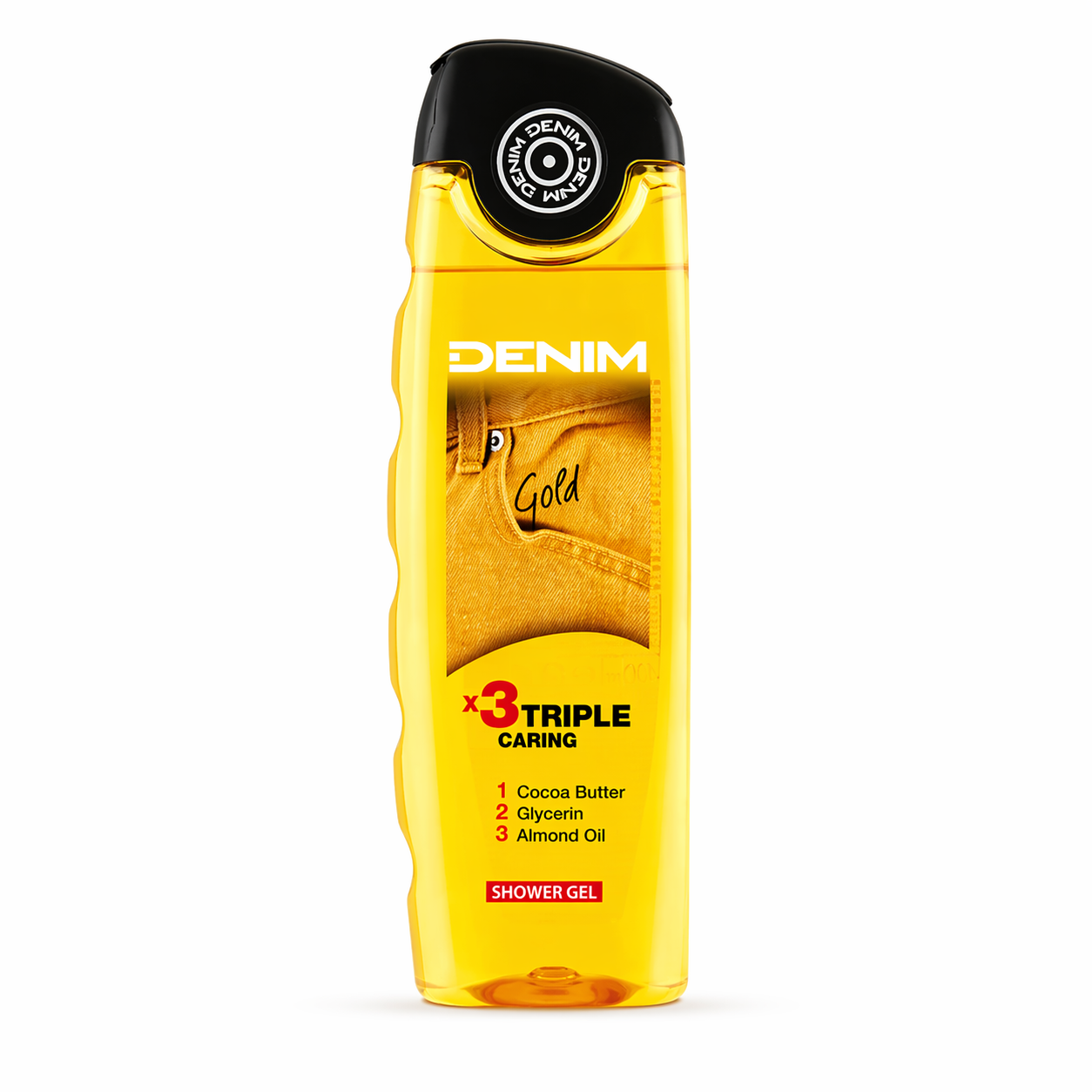 Denim Gold Triple Caring tusfürdő 400ml – Kakaóvaj, glicerin és mandulaolaj hidratáló hatás