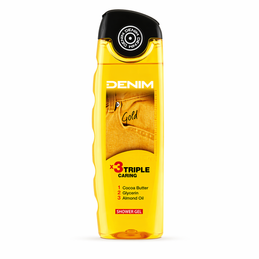 Denim Gold Triple Caring tusfürdő 400ml – Kakaóvaj, glicerin és mandulaolaj hidratáló hatás