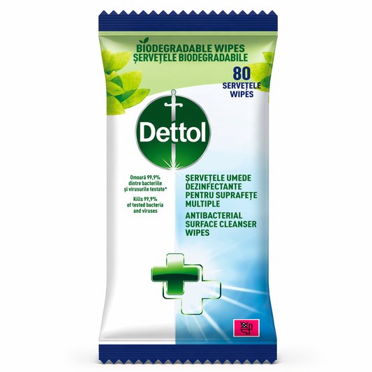 Dettol antibakteriális felülettisztító nedves törlőkendő – 80 db, lebomló (biodegradable) fertőtlenítő wipes, 99,9% baktériumölő hatás