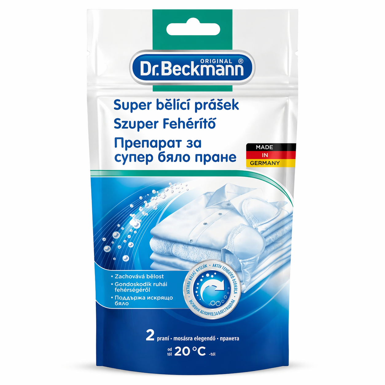 Dr. Beckmann szuper fehérítő por 2 mosásra – ruhafehérítő mosáshoz, ragyogó fehér hatás 20°C-tól