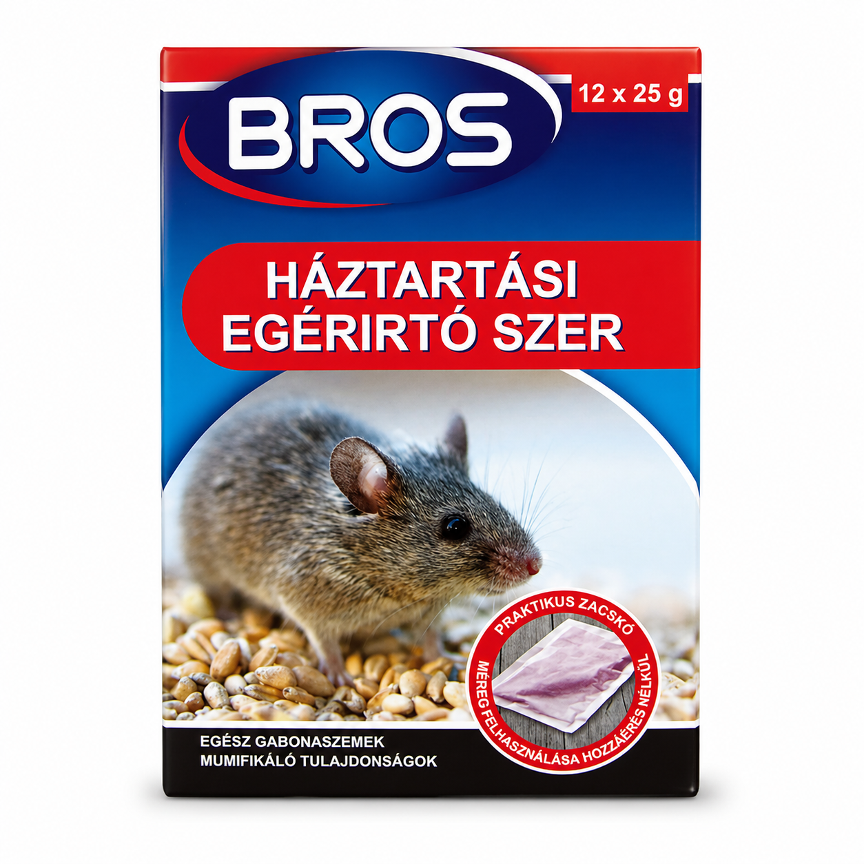 BROS háztartási egérirtó szer – hatékony egércsali gabona alapú (12 x 25 g)