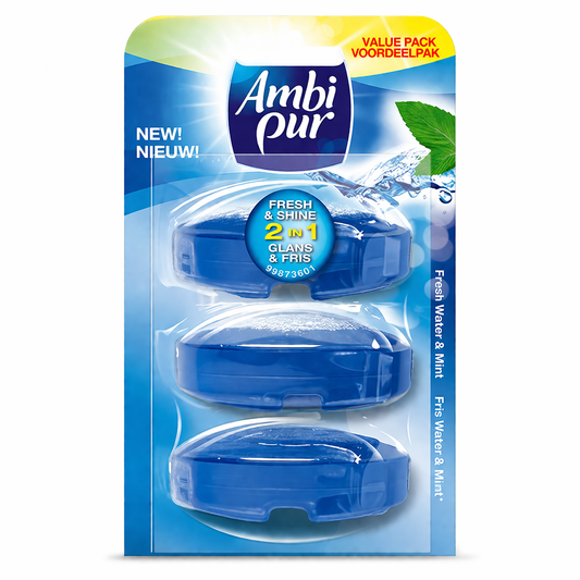 Ambi Pur Fresh Water & Mint WC illatosító és tisztító blokk 3 db – 2 az 1-ben frissesség és ragyogás