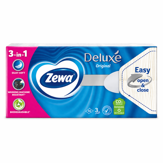 Zewa Deluxe Original Papírzsebkendő 90 db – 3 Rétegű, Extra Puha, Easy Open & Close Csomagolás
